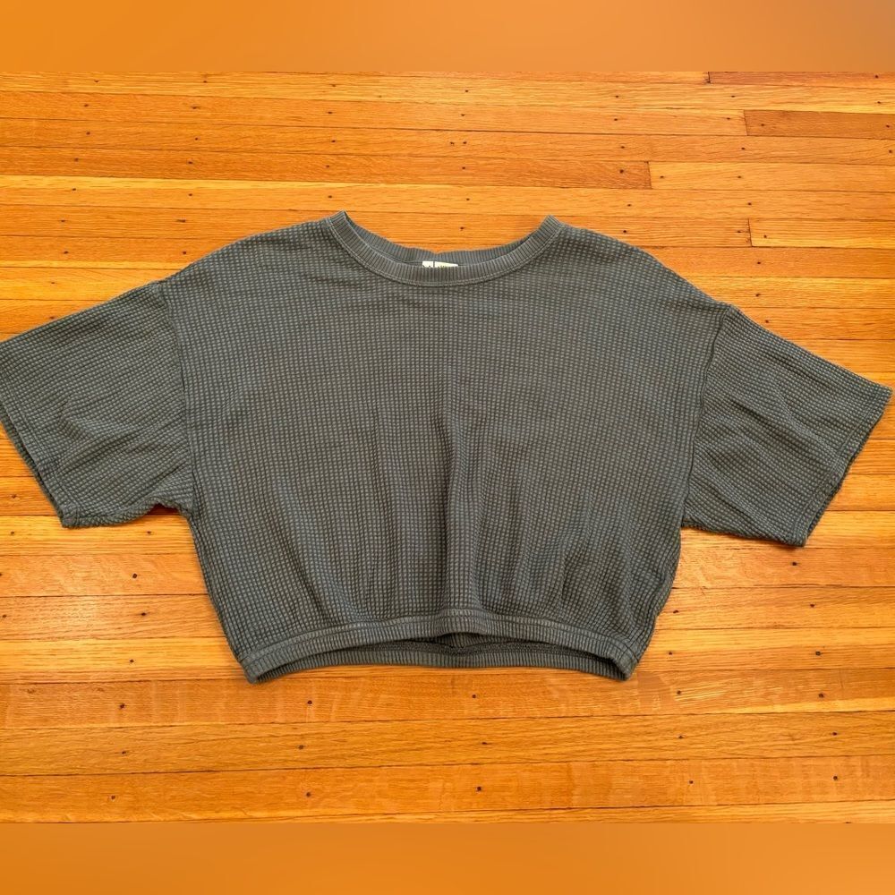 Offline by Aerie teal short sleeve waffle knit crop top